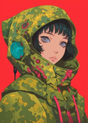 Cyberpunk Anime Girl: Futuristic Fashion and Digital Art - Premium Wooden Framed Poster. Ready to Hang.