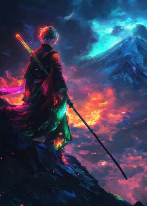 Vibrant Samurai at Dawn - Premium Wooden Framed Poster. Ready to Hang.