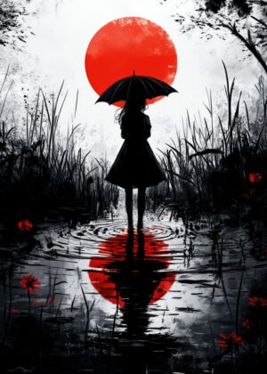 Under Red Moon: Melancholy Girl in Monochromatic Landscape - Premium Wooden Framed Poster. Ready to Hang.