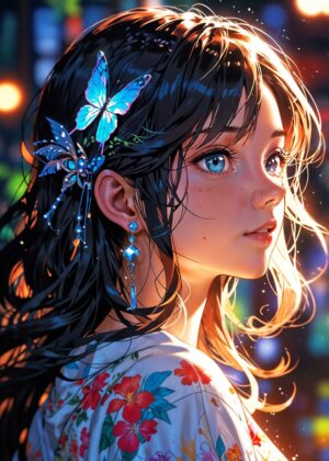 Anime Girl with Butterfly Hair Clip: Dreamy Digital Art Print - Premium Wooden Framed Poster. Ready to Hang.