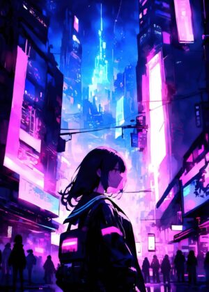 Cyberpunk City Nights: Anime Girl in Neon City - Premium Wooden Framed Poster. Ready to Hang.