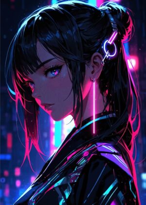Cyberpunk Anime Girl: Neon Nights - Premium Wooden Framed Poster. Ready to Hang.