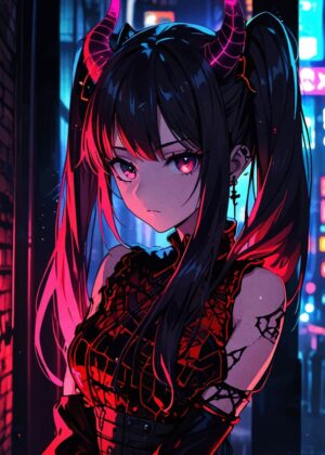 Cyberpunk Anime Girl with Horns - Premium Wooden Framed Poster. Ready to Hang.