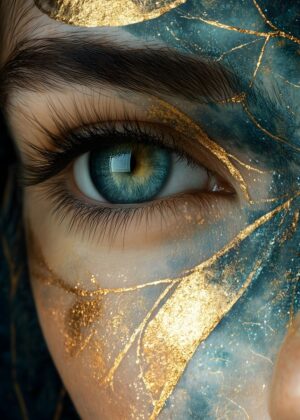 Close-Up Eye with Gold and Blue Abstract Design - Premium Wooden Framed Poster. Ready to Hang.