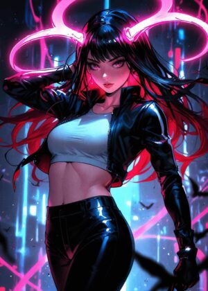 Cyberpunk Anime Girl: Neon Dreams - Premium Wooden Framed Poster. Ready to Hang.