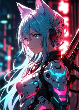 Cyberpunk Fox Girl Anime Art Print - Premium Wooden Framed Poster. Ready to Hang.