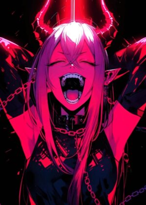 Crimson Demoness: Anime Art Print - Premium Wooden Framed Poster. Ready to Hang.