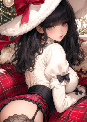 Anime Girl in Festive Christmas Outfit - Premium Wooden Framed Poster. Ready to Hang.