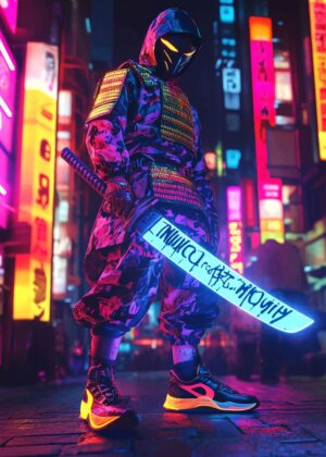 Neon Samurai Cyberpunk Art Print - Premium Wooden Framed Poster. Ready to Hang.