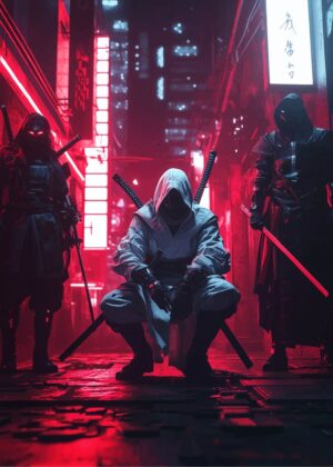 Cyberpunk Ninjas: Neon-Drenched Shadows - Premium Wooden Framed Poster. Ready to Hang.