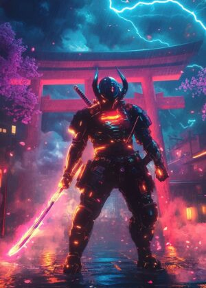 Cyberpunk Samurai: Neon Rain - Premium Wooden Framed Poster. Ready to Hang.