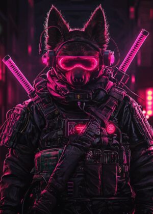 Cyberpunk Dog Warrior: Neon Nights - Premium Wooden Framed Poster. Ready to Hang.