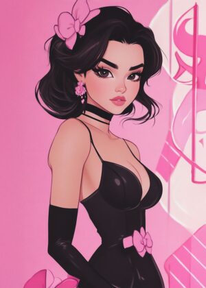 Anime Girl in Black Dress: Elegant and Stylish Artwork - Premium Wooden Framed Poster. Ready to Hang.