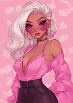 Stylish Pink Fashion Illustration: Elegant Woman in Pink Outfit - Premium Wooden Framed Poster. Ready to Hang.