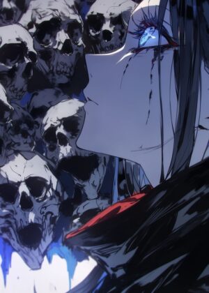 Anime Girl Amidst Skulls: Dark Fantasy Art Print - Premium Wooden Framed Poster. Ready to Hang.