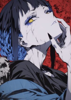 Anime Girl with Scars: Haunting Beauty - Premium Wooden Framed Poster. Ready to Hang.