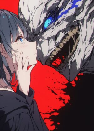 Anime Girl and Monster: A Touching Encounter - Premium Wooden Framed Poster. Ready to Hang.