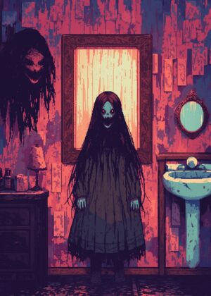 Eerie Bathroom Encounter: A Pixel Art Ghost Story - Premium Wooden Framed Poster. Ready to Hang.