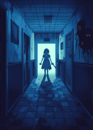 Haunted Hallway: A Pixel Art Horror Scene - Premium Wooden Framed Poster. Ready to Hang.