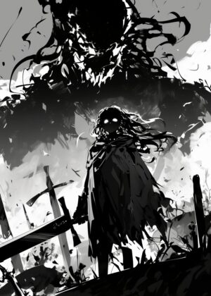 Dark Fantasy Warrior: A Monochrome Masterpiece - Premium Wooden Framed Poster. Ready to Hang.