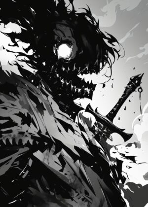 Dark Fantasy Warrior: Monochrome Artwork Print - Premium Wooden Framed Poster. Ready to Hang.