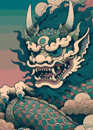 Japanese Mythical Yokai: Intricate Line Art Print - Premium Wooden Framed Poster. Ready to Hang.