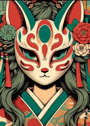 Anime Girl Kitsune Mask: Mystical Japanese Art Print - Premium Wooden Framed Poster. Ready to Hang.