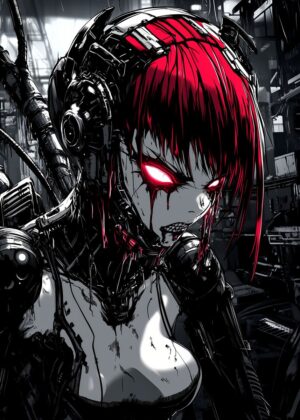 Cyberpunk Anime Girl: Red-Eyed Warrior - Premium Wooden Framed Poster. Ready to Hang.
