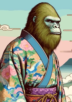Bigfoot in a Kimono: A Unique Blend of Myth and Culture - Premium Wooden Framed Poster. Ready to Hang.