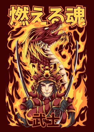 Fiery Samurai and Dragon Artwork - Premium Wooden Framed Poster. Ready to Hang.