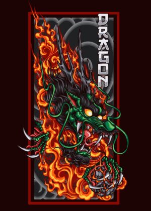 Fiery Dragon: A Breathtaking Illustration - Premium Wooden Framed Poster. Ready to Hang.