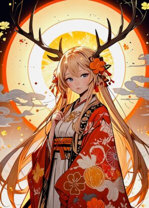 Anime Girl with Deer Antlers: Celestial Beauty - Premium Wooden Framed Poster. Ready to Hang.