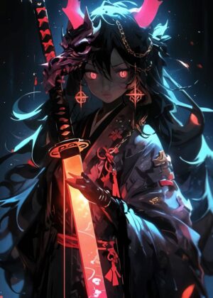 Anime Girl with Katana: Fierce Warrior Artwork - Premium Wooden Framed Poster. Ready to Hang.