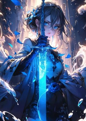Anime Girl with Sword: Blue-Eyed Warrior - Premium Wooden Framed Poster. Ready to Hang.