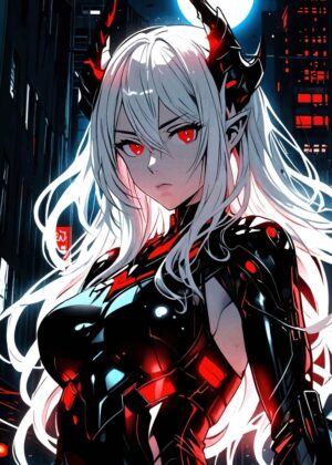 White-Haired Demon Girl: Cyberpunk Anime Art Print - Premium Wooden Framed Poster. Ready to Hang.