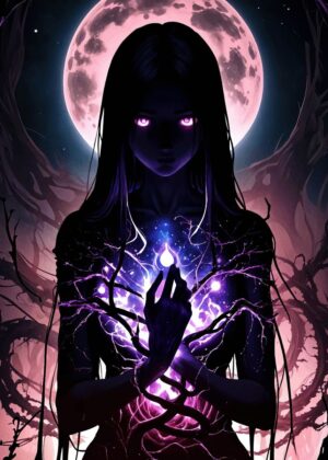 Dark Anime Girl Glowing Energy Art Print - Premium Wooden Framed Poster. Ready to Hang.