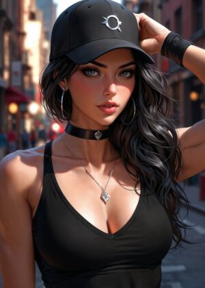 Anime Girl in Black: Urban Chic - Premium Wooden Framed Poster. Ready to Hang.