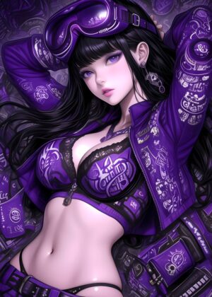 Purple Anime Girl: Mystical Beauty in Violet Hues - Premium Wooden Framed Poster. Ready to Hang.