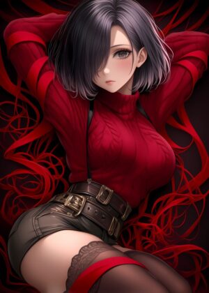 Anime Girl in Red Sweater: A Captivating Digital Art Print - Premium Wooden Framed Poster. Ready to Hang.