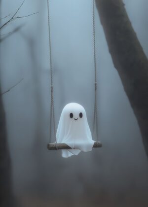 Spooky Season Swinging Ghost - Premium Wooden Framed Poster. Ready to Hang.