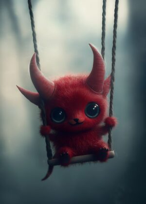 Cute Red Devil on a Swing: Dark Fantasy Art Print - Premium Wooden Framed Poster. Ready to Hang.