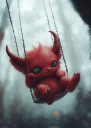 Adorable Red Devil on a Swing: Fantasy Art Print - Premium Wooden Framed Poster. Ready to Hang.