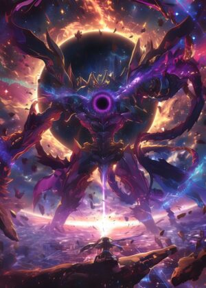 Cosmic Kaiju Battle: Epic Anime Art Print - Premium Wooden Framed Poster. Ready to Hang.