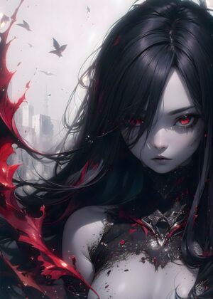 Anime Girl with Red Splashes: Dark Fantasy Art Print - Premium Wooden Framed Poster. Ready to Hang.