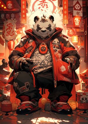 Stylish Panda in Red Jacket Artwork - Premium Wooden Framed Poster. Ready to Hang.