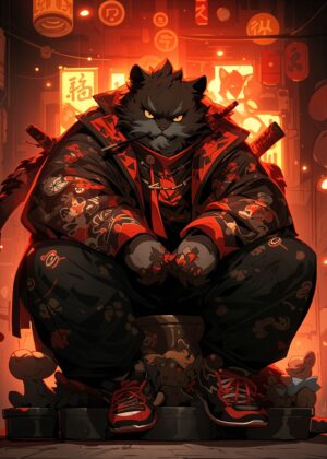 Black Cat Samurai: A Fierce and Stylish Digital Artwork - Premium Wooden Framed Poster. Ready to Hang.