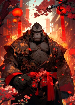 Powerful Gorilla in Traditional Kimono Artwork - Premium Wooden Framed Poster. Ready to Hang.