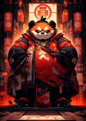 Red Panda Samurai: Fierce Protector of Tradition - Premium Wooden Framed Poster. Ready to Hang.