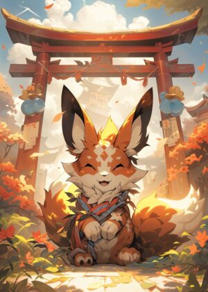 Smiling Fox Spirit: Autumnal Japanese Shrine Artwork - Premium Wooden Framed Poster. Ready to Hang.