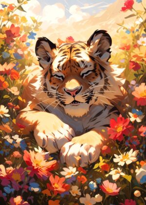 Serene Tiger Amidst Blooming Meadow - Premium Wooden Framed Poster. Ready to Hang.